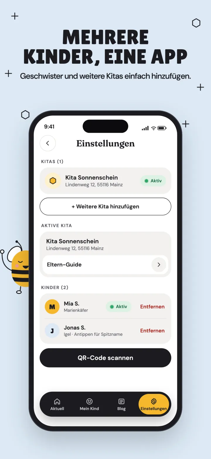 Mehrere Kinder, eine App: Geschwister und weitere Kitas einfach hinzufügen.