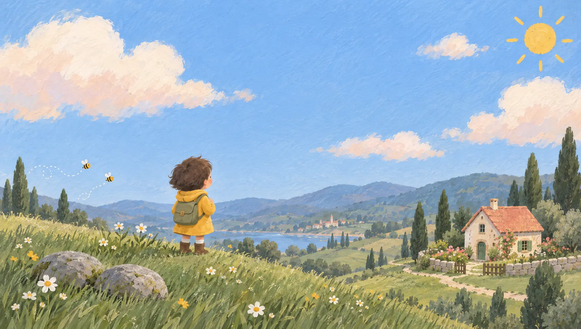 A child in a yellow raincoat stands on a meadow looking across the valley to a small daycare