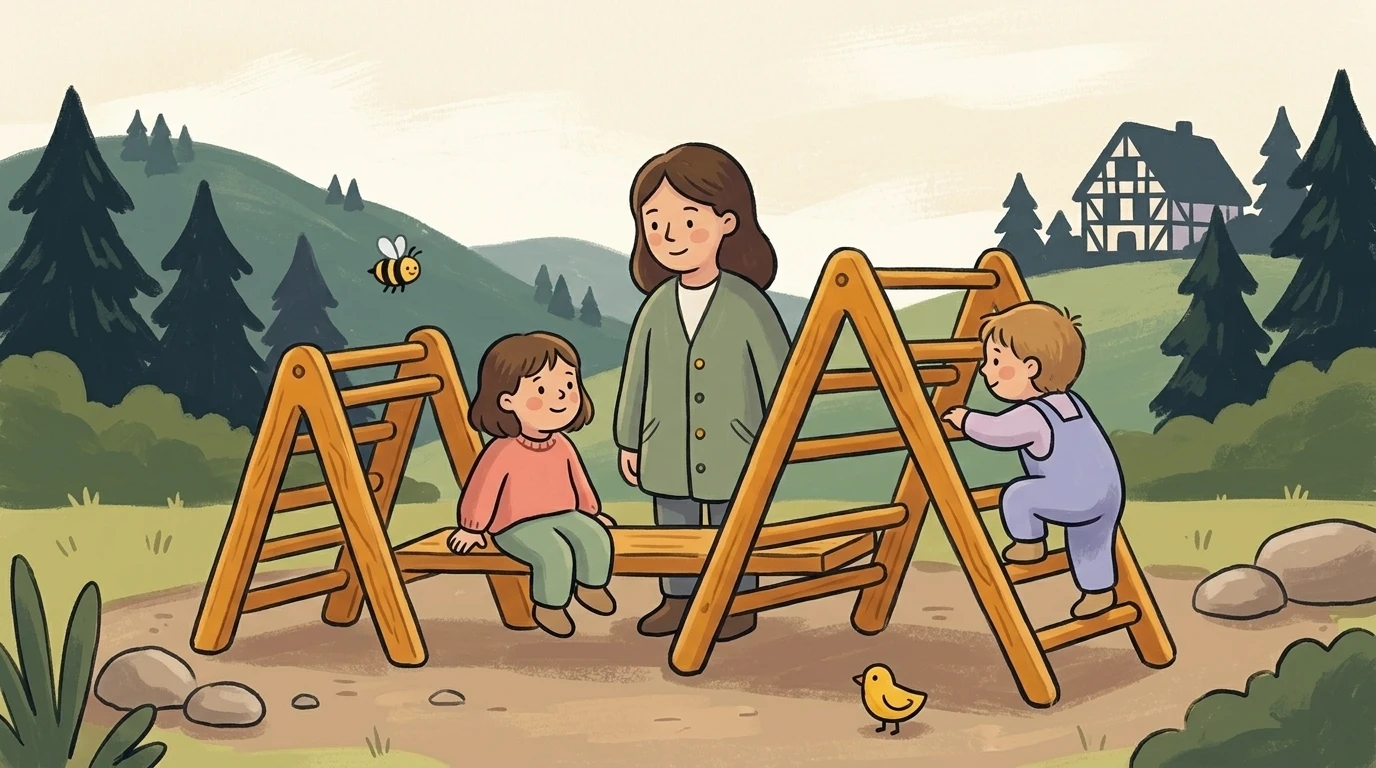 Kindergarten in Baden-Württemberg mit Schwarzwald-Landschaft im Hintergrund, Kinder spielen im Außenbereich