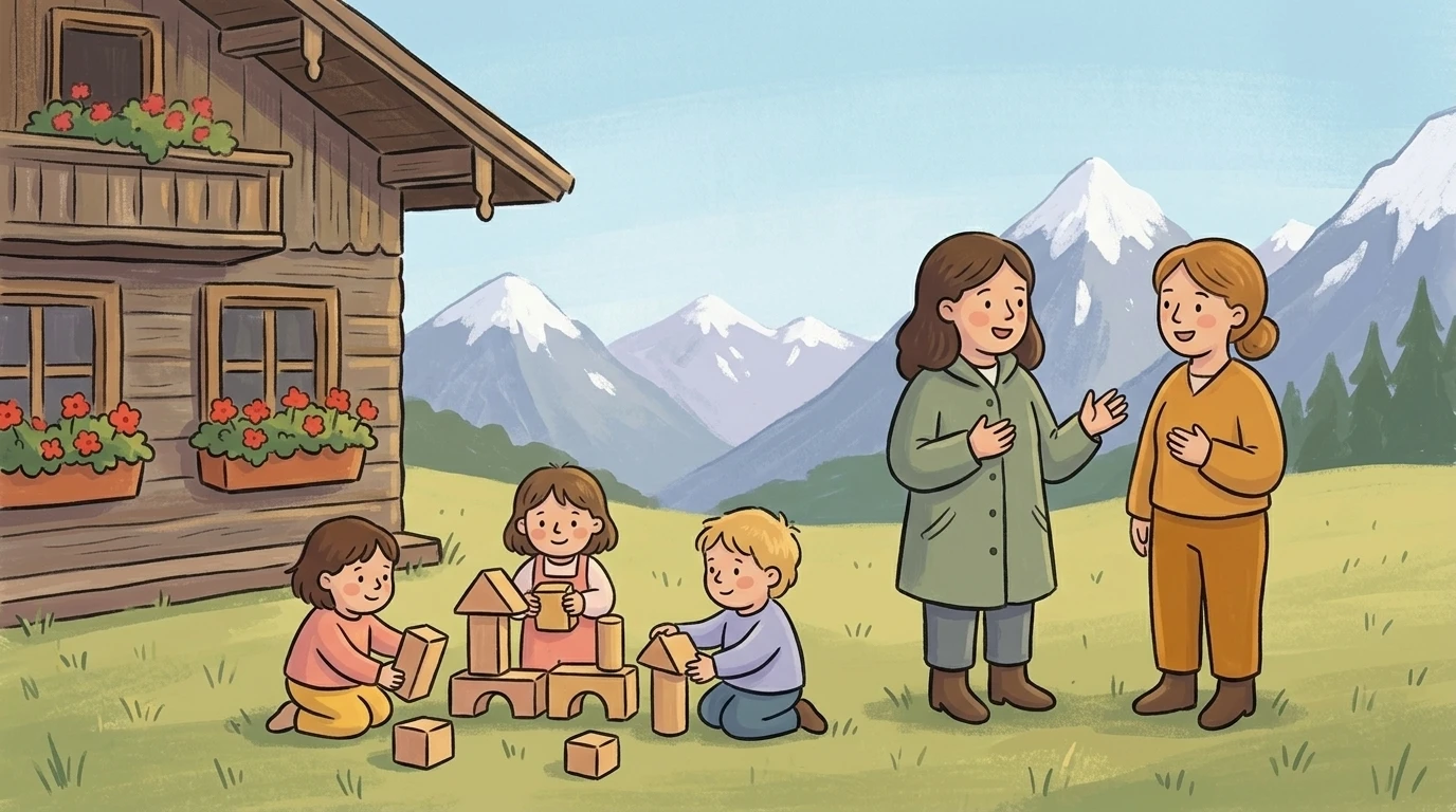 Bayerischer Kindergarten mit Alpenpanorama, Kinder spielen vor traditionellem Gebäude mit Blumenkästen