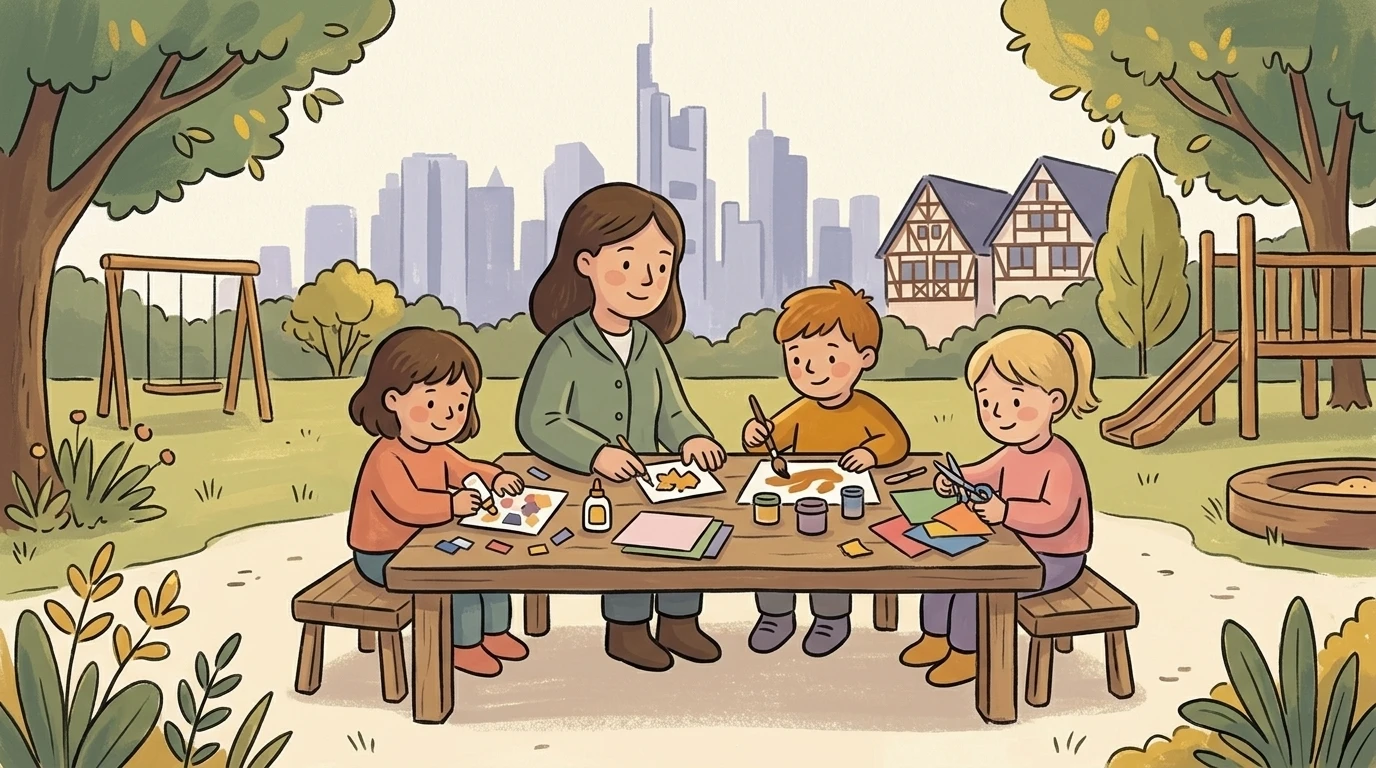 Kindergarten in Hessen mit Frankfurter Skyline am Horizont, Kinder im naturnahen Spielbereich