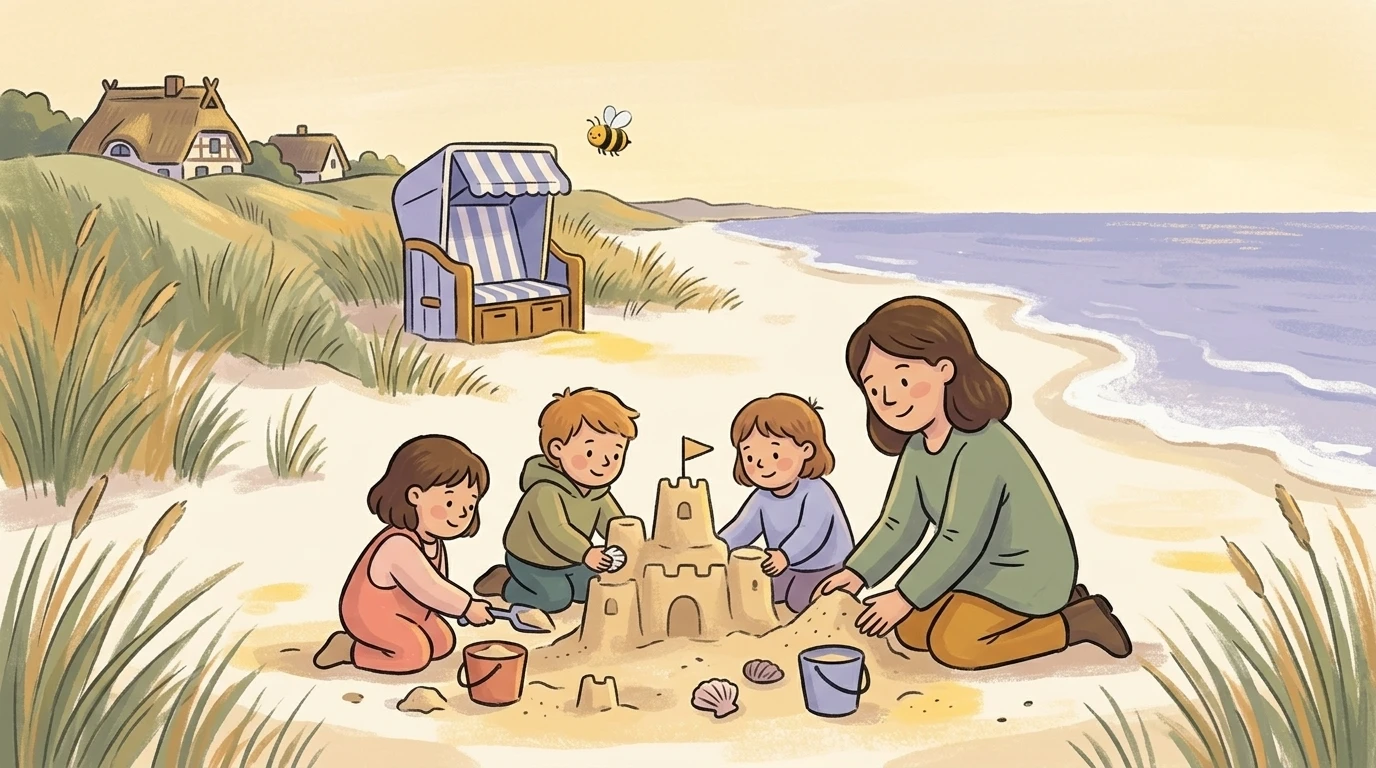 Kindergarten in Mecklenburg-Vorpommern mit Ostseestrand und Strandkörben, Kinder bauen Sandburg