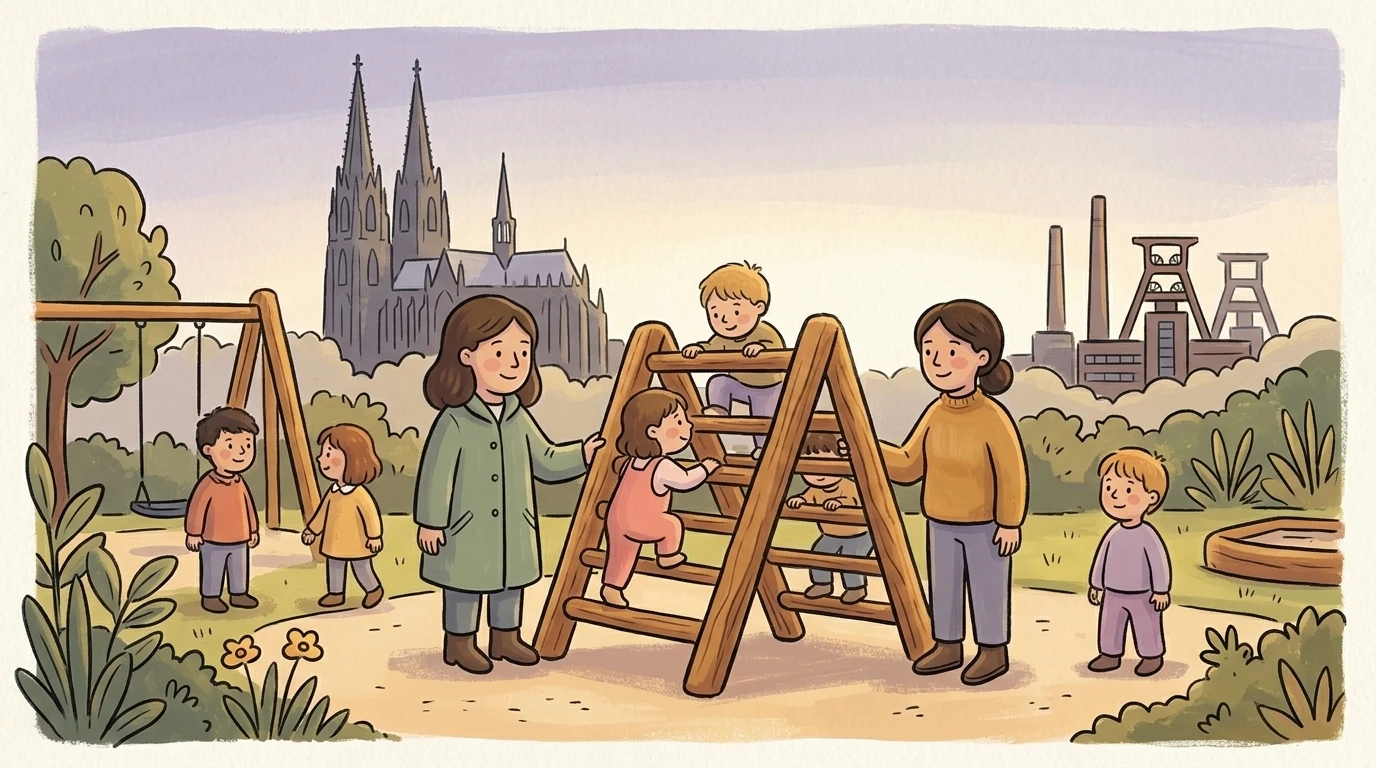Kindergarten in Nordrhein-Westfalen mit Kölner Dom in der Ferne, Kinder spielen vor moderner Architektur