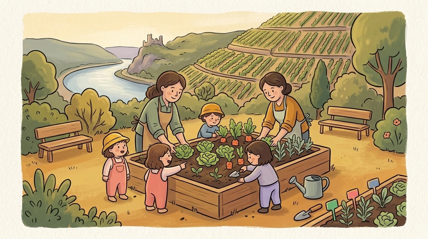 Kindergarten in Rheinland-Pfalz mit Weinbergen und Burgruine im Hintergrund, Kinder spielen draußen