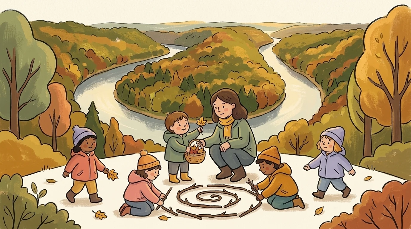 Kindergarten im Saarland mit Saarschleife in der Ferne, Kinder im naturnahen Außenbereich