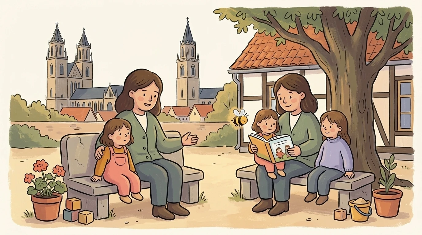 Kindergarten in Sachsen-Anhalt mit Magdeburger Dom im Hintergrund, Kinder spielen vor historischer Architektur