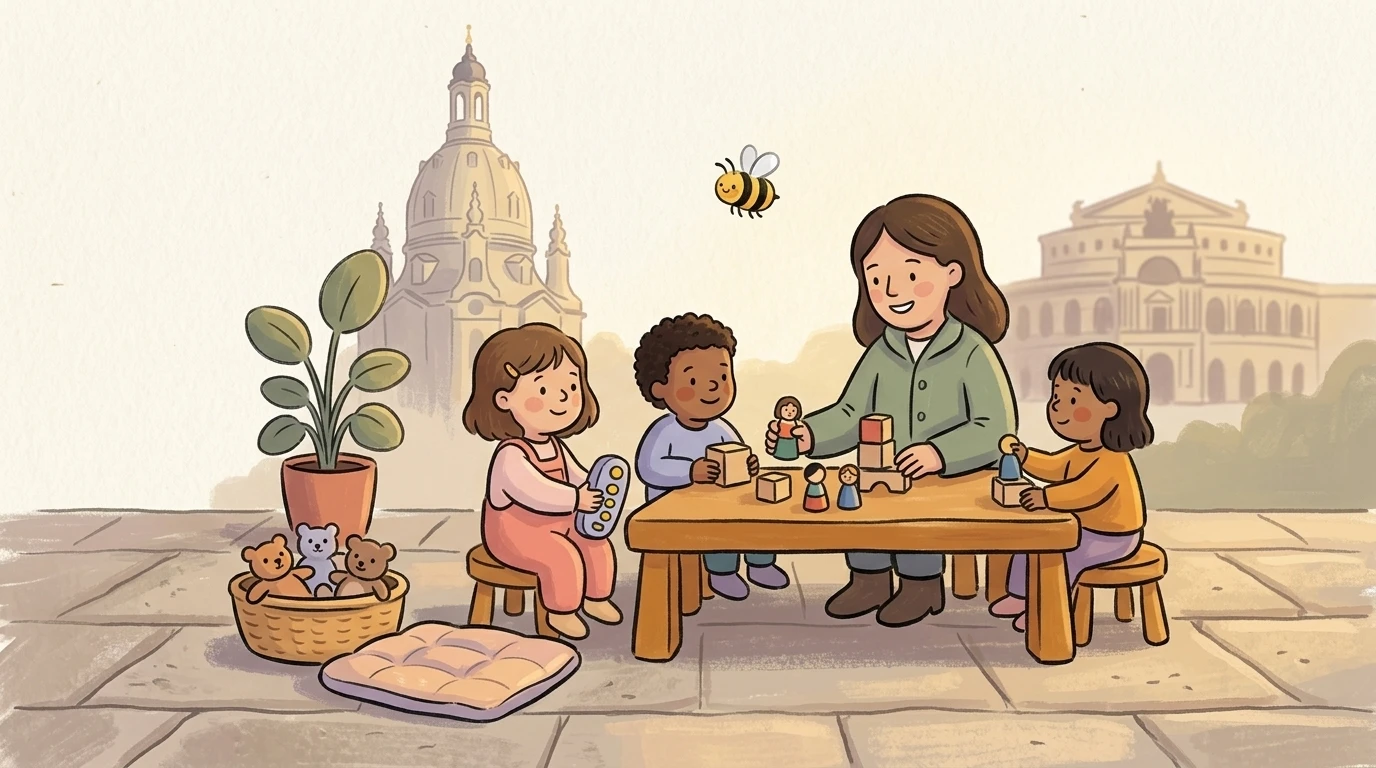 Kindergarten in Sachsen mit Frauenkirche Dresden im Hintergrund, Kinder spielen vor historischer Kulisse