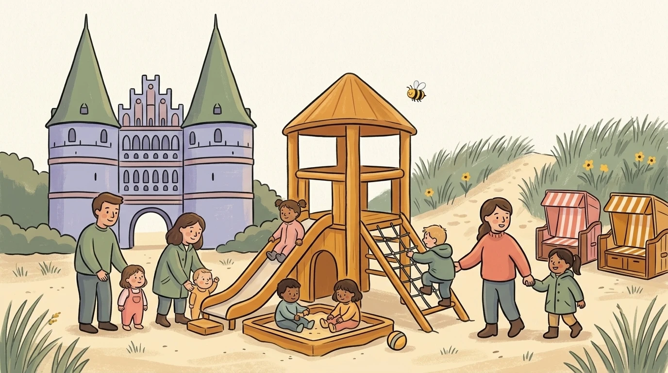 Kindergarten in Schleswig-Holstein mit Holstentor Lübeck und Nordsee-Strandkörben, Kinder spielen draußen