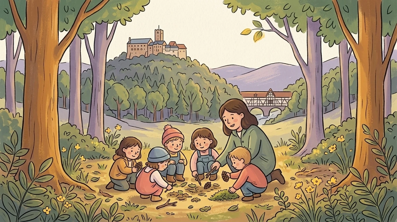 Kindergarten in Thüringen mit Wartburg im Hintergrund, Kinder spielen vor mittelalterlicher Kulisse