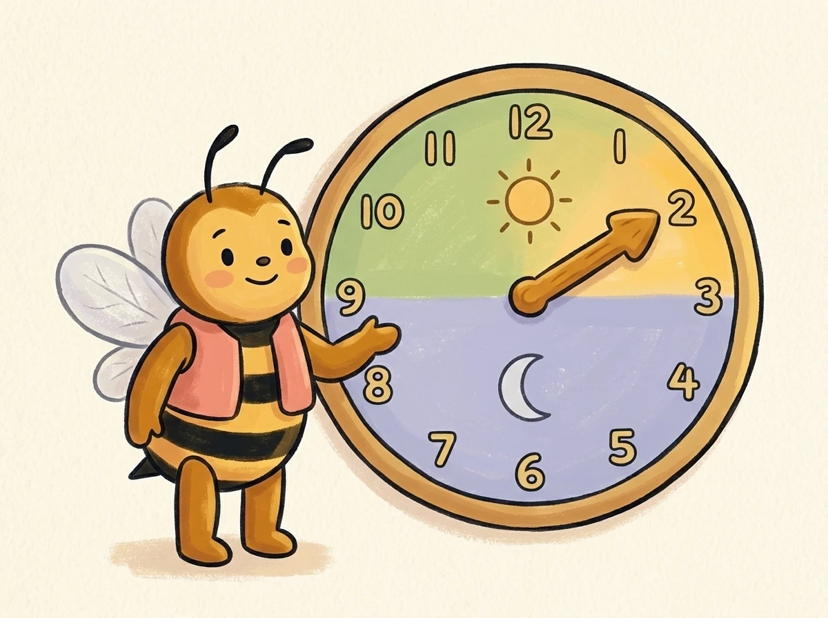 Biene neben einer Uhr mit Tag-/Nacht-Hälften - symbolisiert Umstellung des Betreuungsmodells