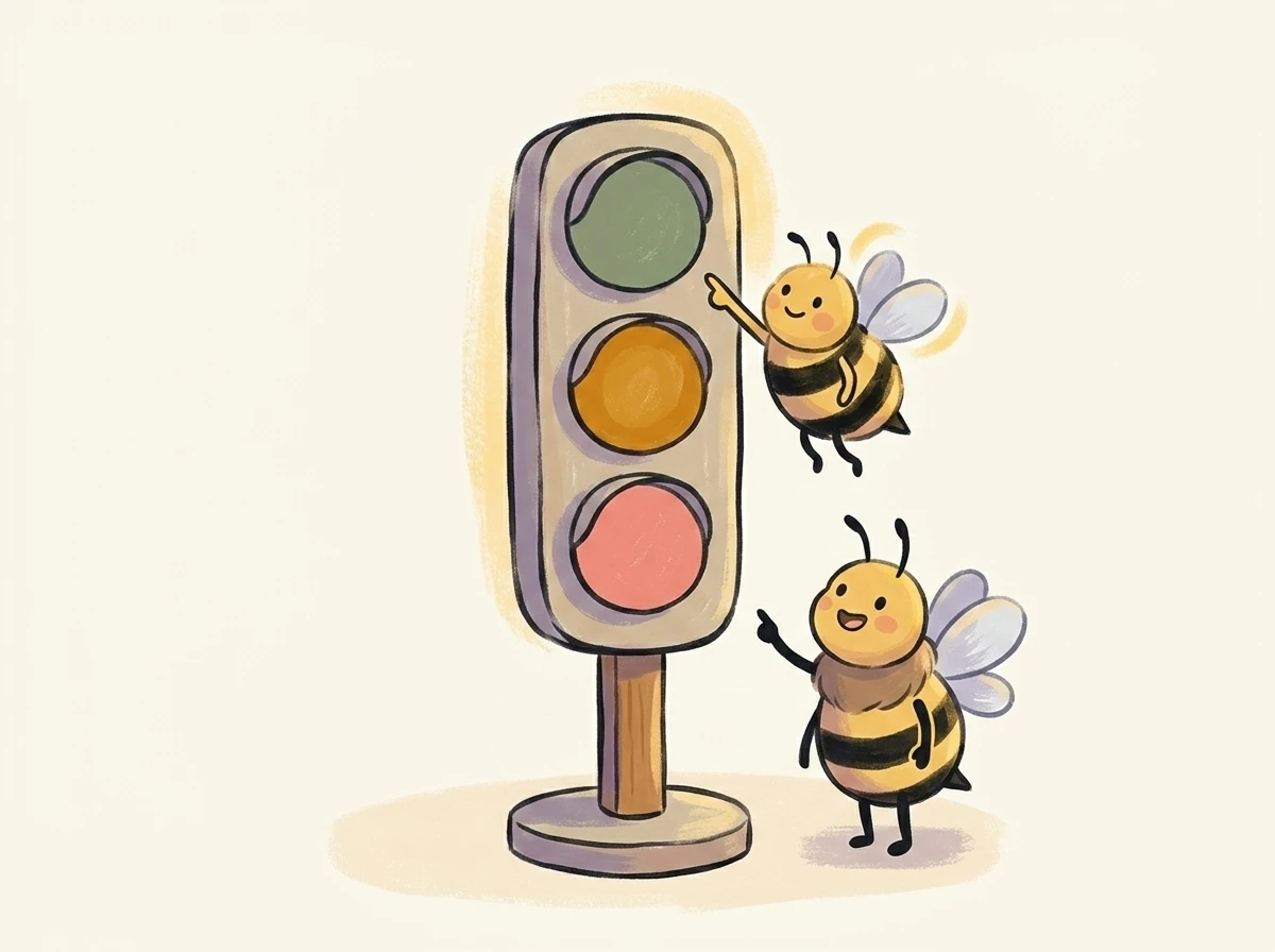 Bienen bei einer Ampel mit grün/gelb/rot - symbolisiert Ampel-System für Eltern