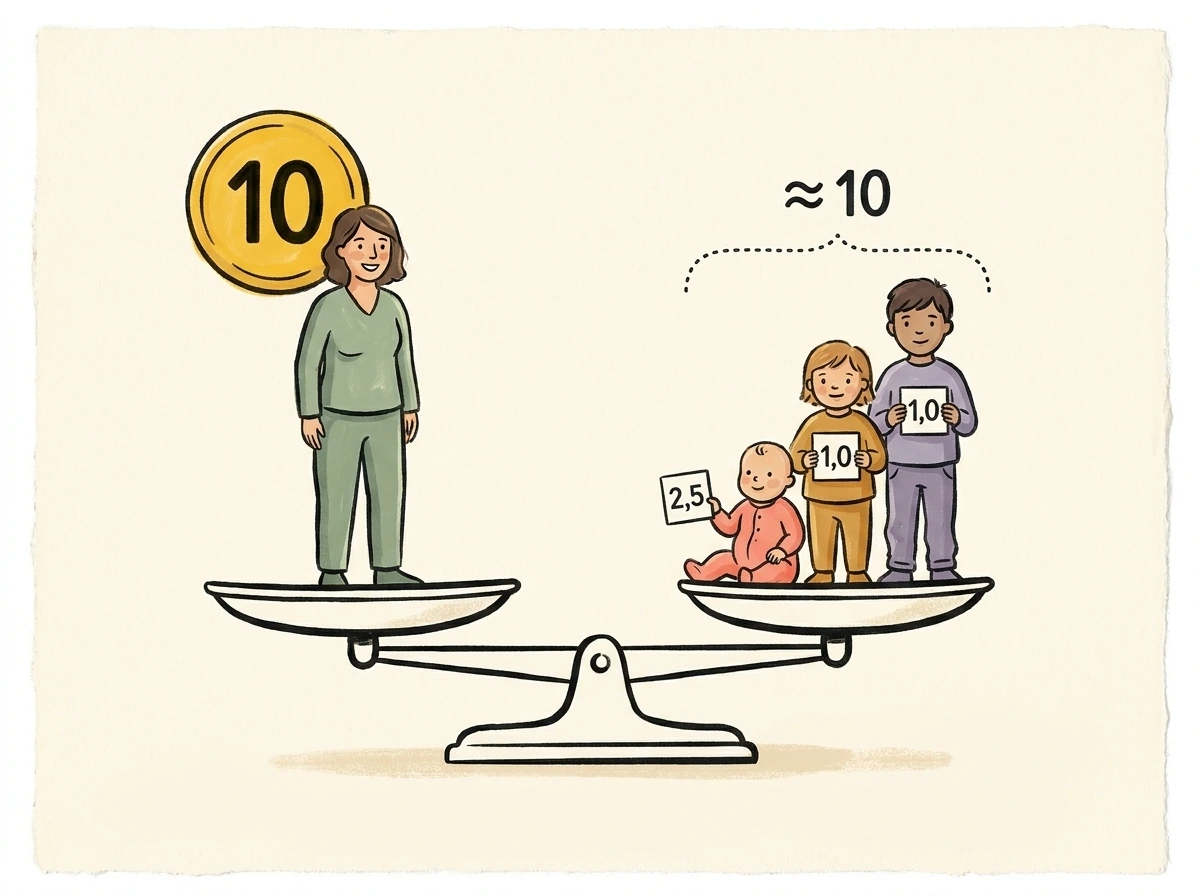 Illustration: Erzieherin und Kinder auf einer Waage — symbolisiert Bienenstocks Live-Quote aus Fachkraft-Faktor 10 und Kind-Faktoren