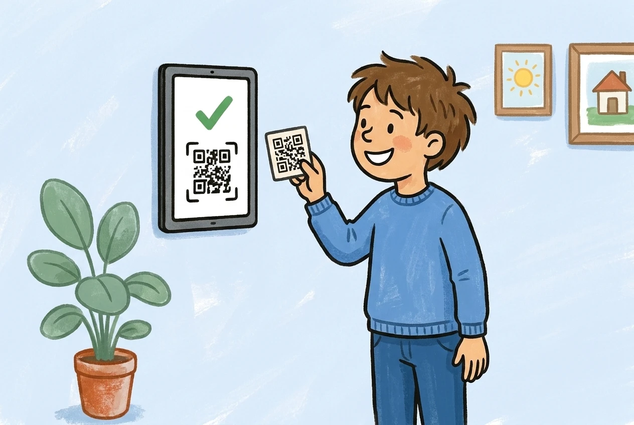 Kind checkt sich selbst per QR-Code am Tablet ein