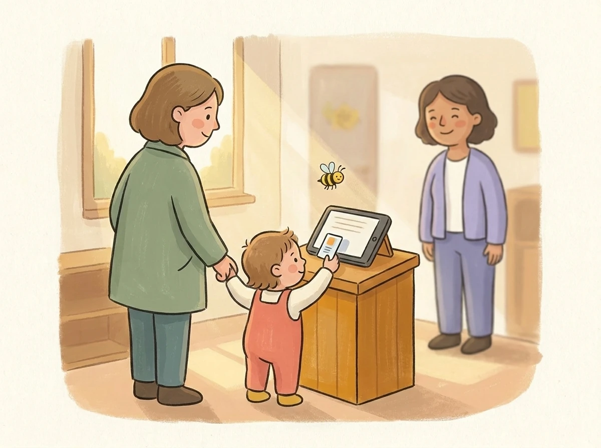 Parent and child at first tablet check-in in a Kita entrance