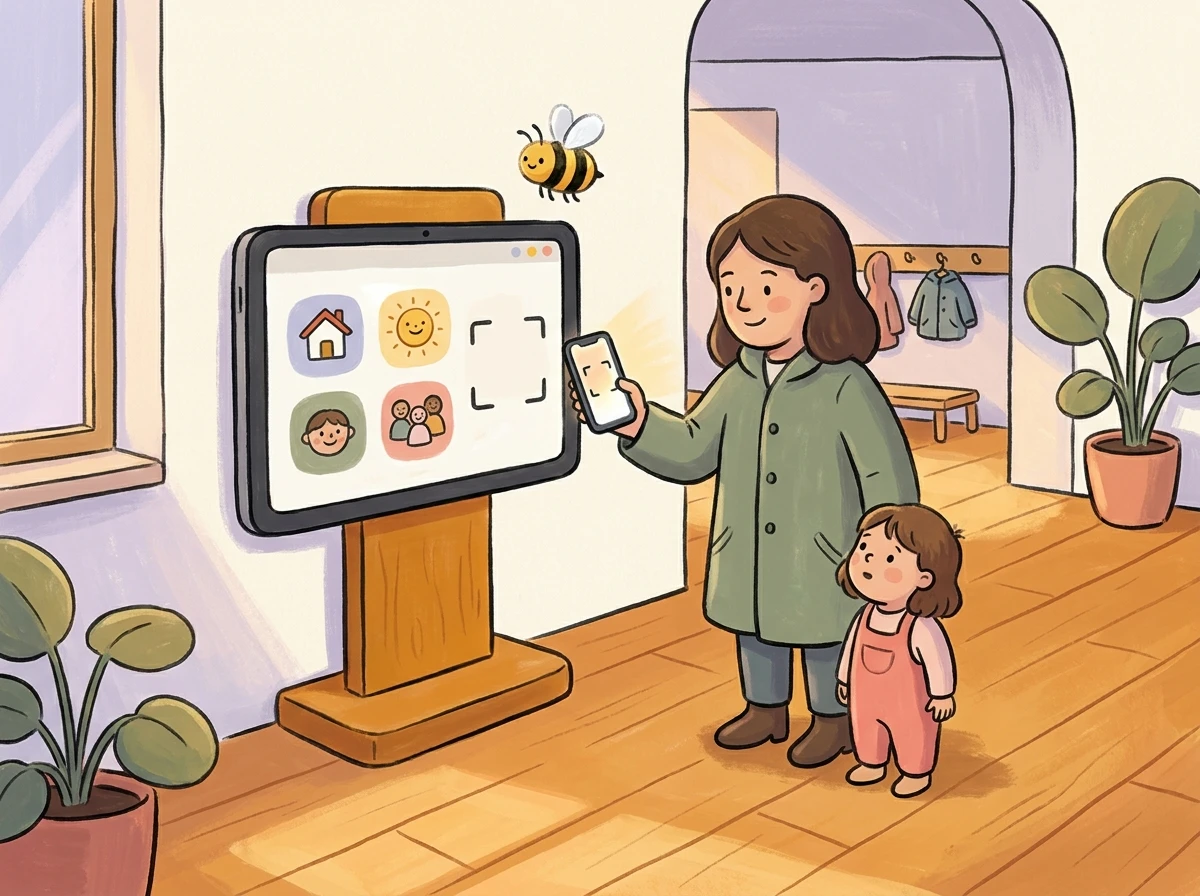 Tablet at a Kita entrance with parent and child checking in via QR