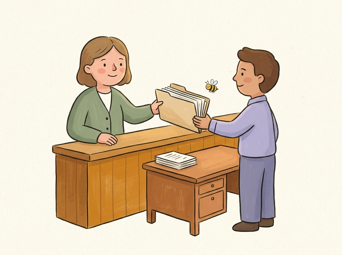 Kita leader handing a paper folder to a government clerk