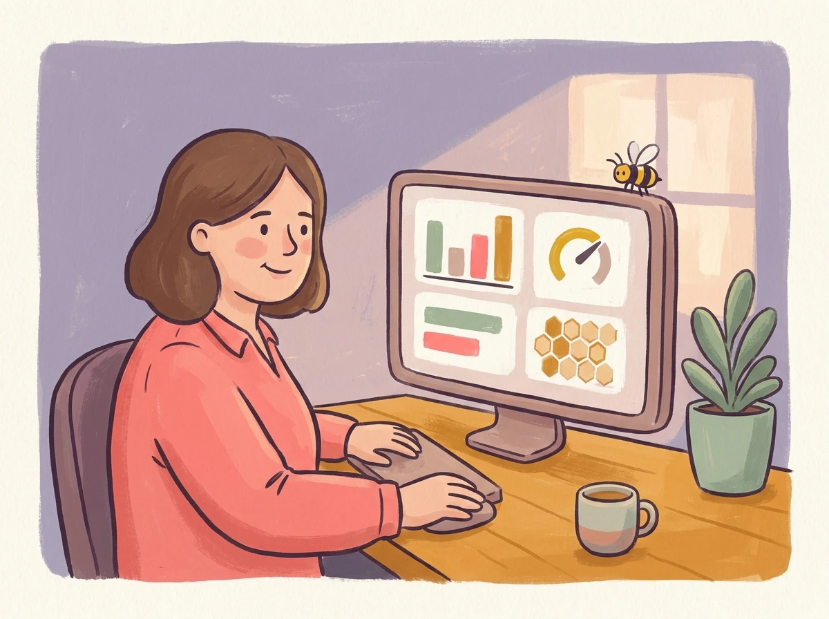 Kita manager at office computer with dashboard graphics