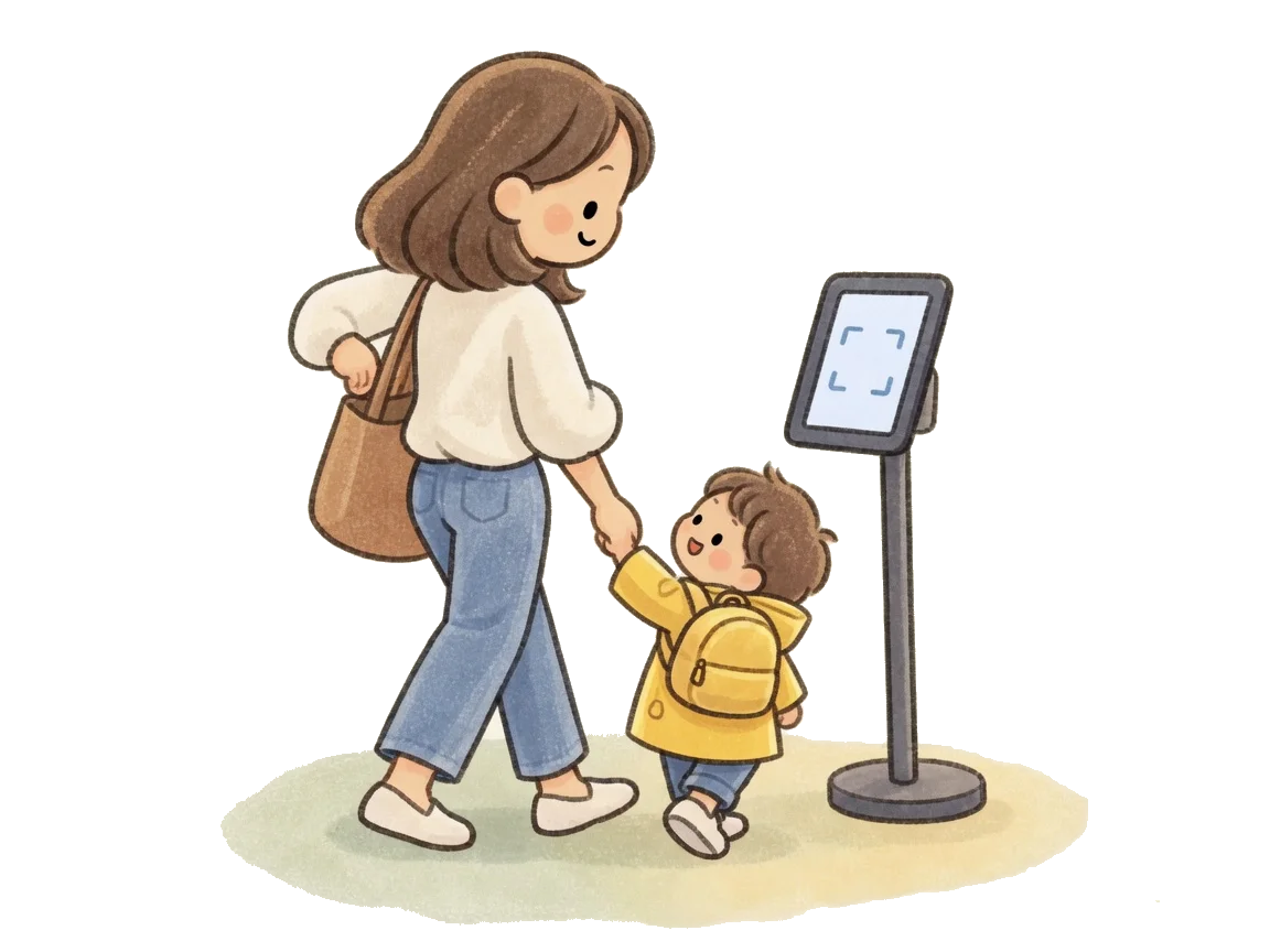 Tablet at a daycare entrance with parent and child checking in via QR