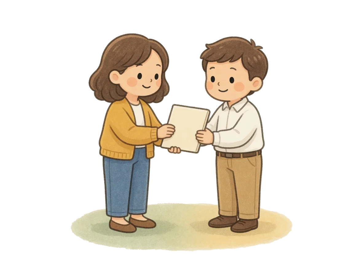 Daycare leader handing a paper folder to a government clerk