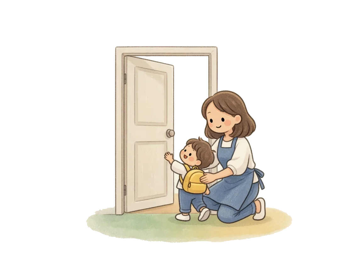 Open daycare door, an educator kneels beside a child with a backpack