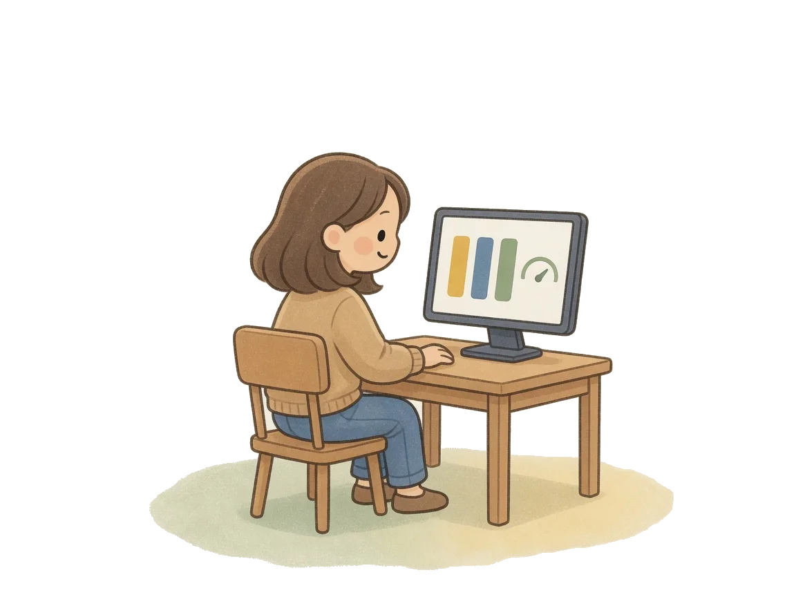 Daycare manager at a desk, the screen shows bars and a gauge
